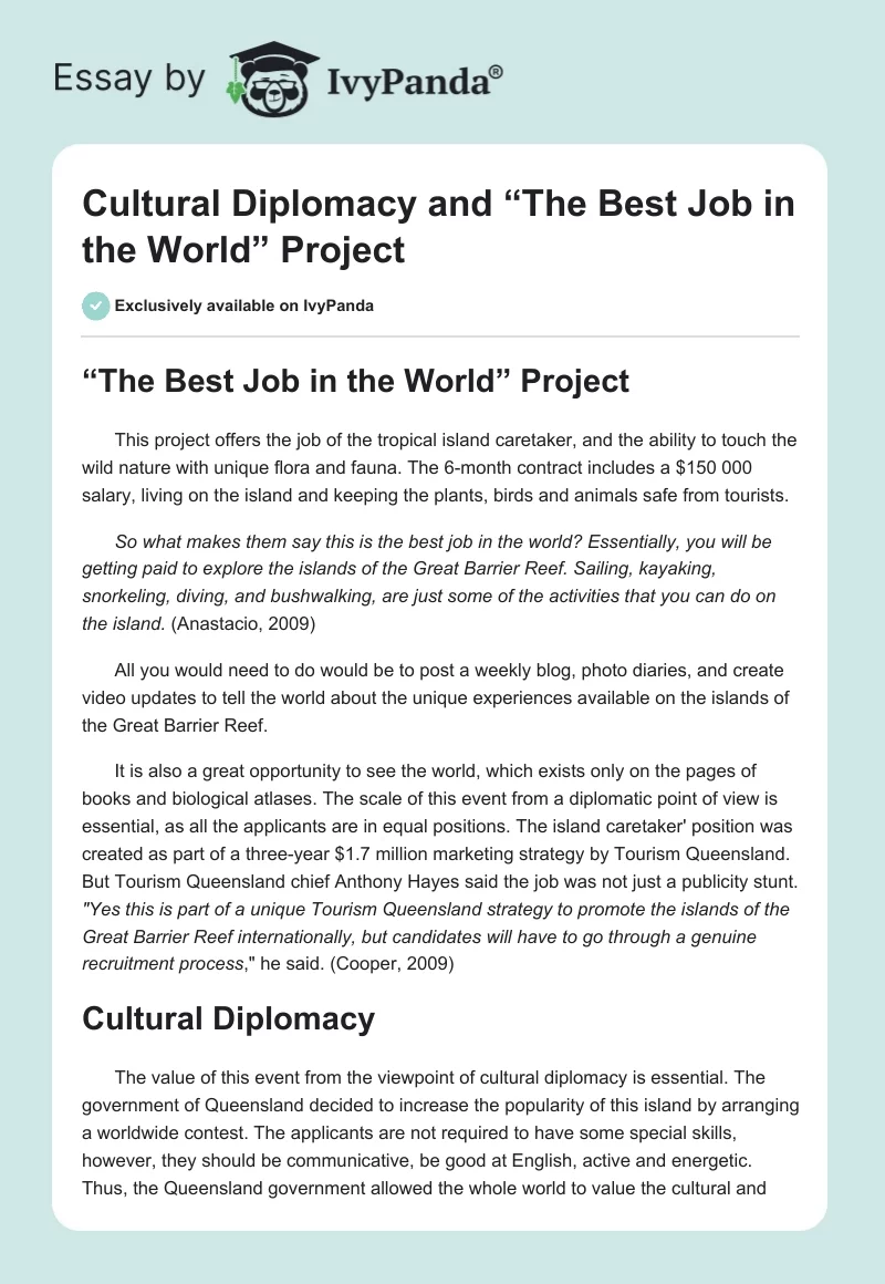 Cultural Diplomacy and “The Best Job in the World” Project. Page 1