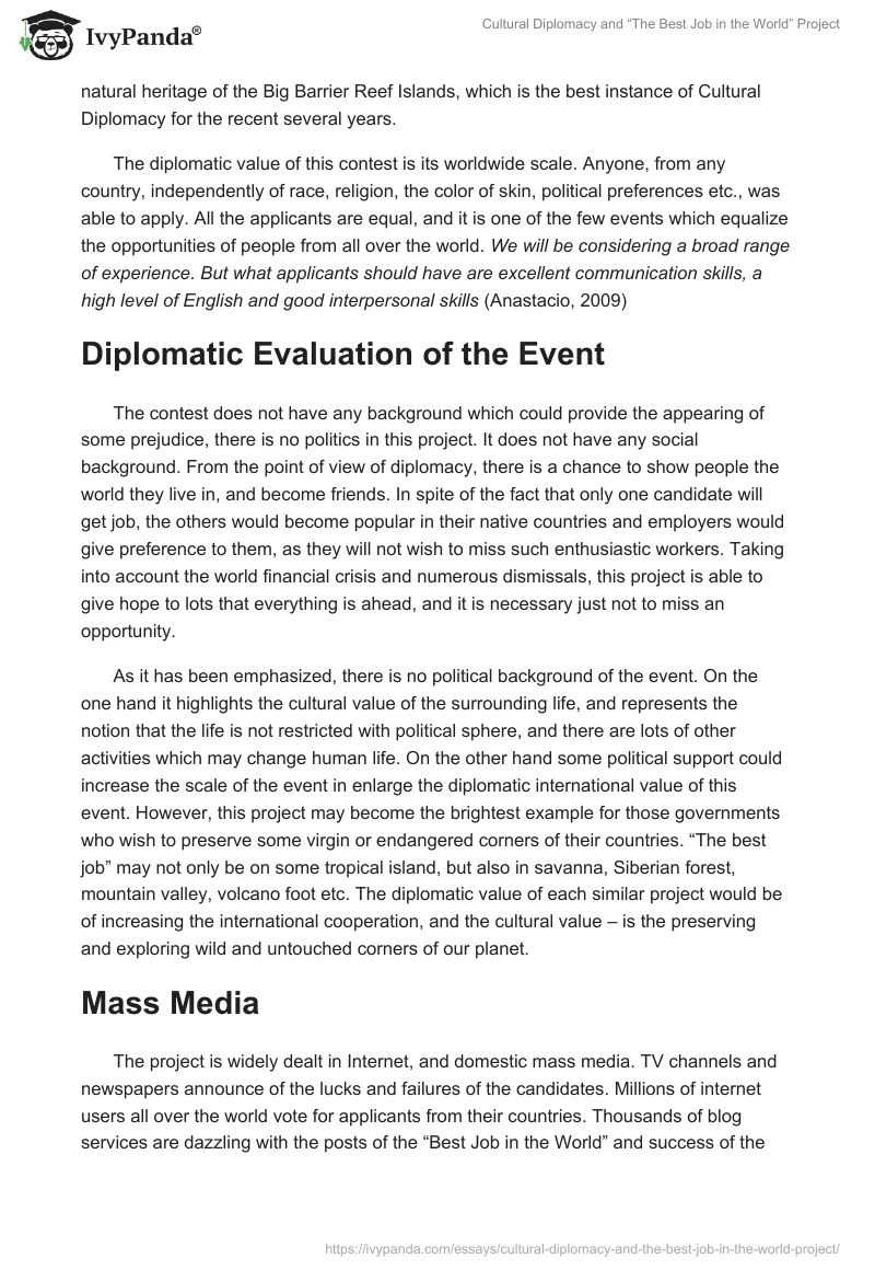 Cultural Diplomacy and “The Best Job in the World” Project. Page 2