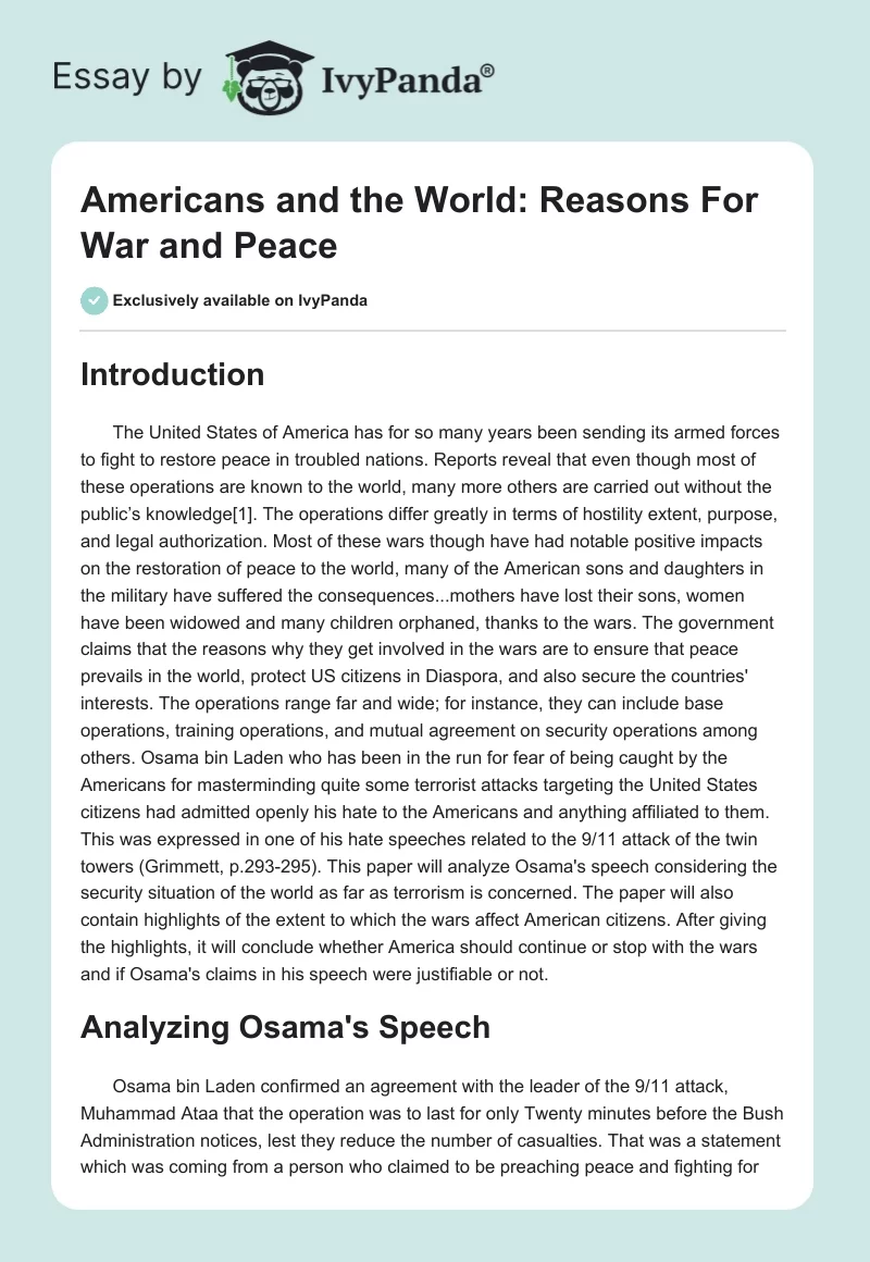 Americans and the World: Reasons For War and Peace. Page 1