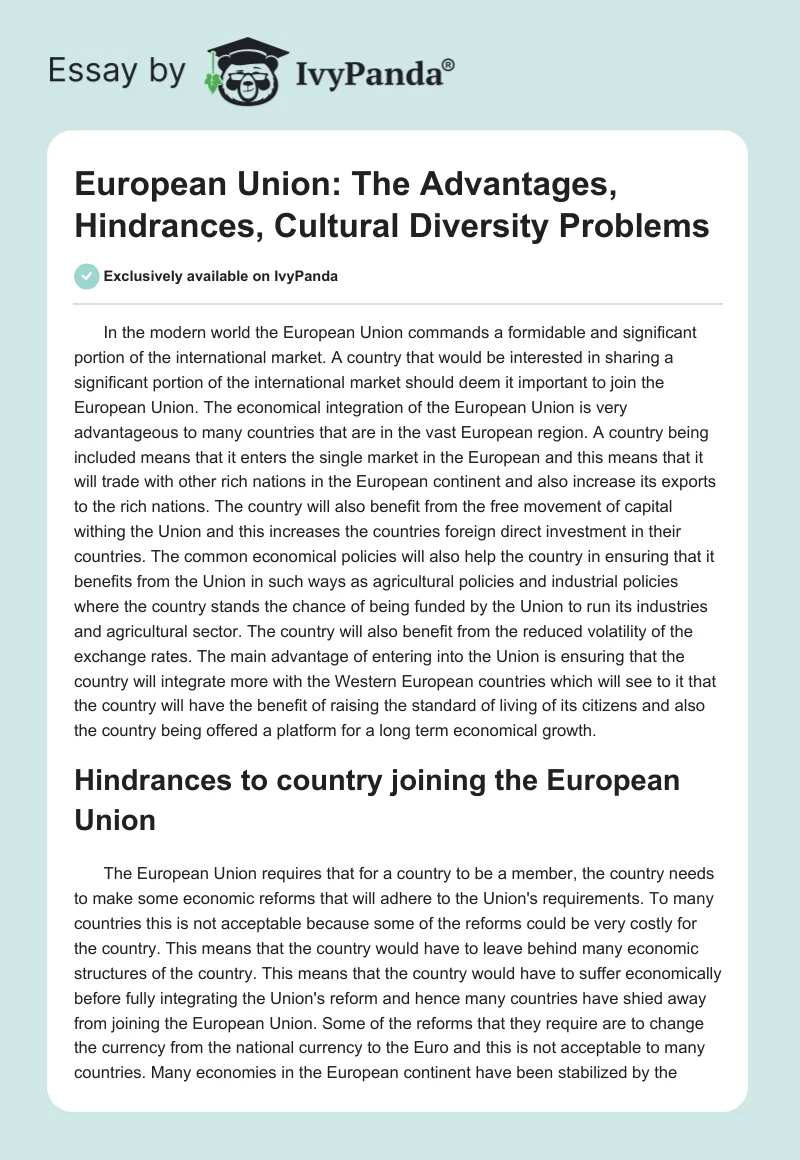 European Union: The Advantages, Hindrances, Cultural Diversity Problems. Page 1