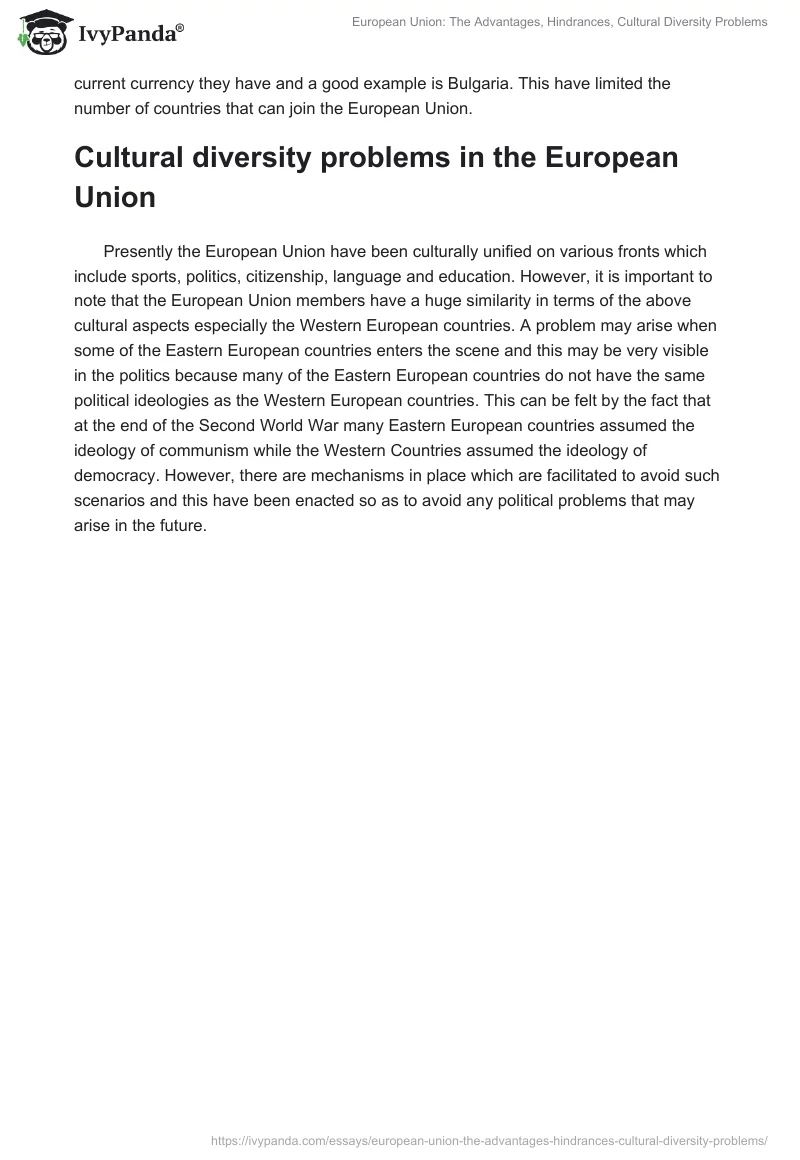 European Union: The Advantages, Hindrances, Cultural Diversity Problems. Page 2