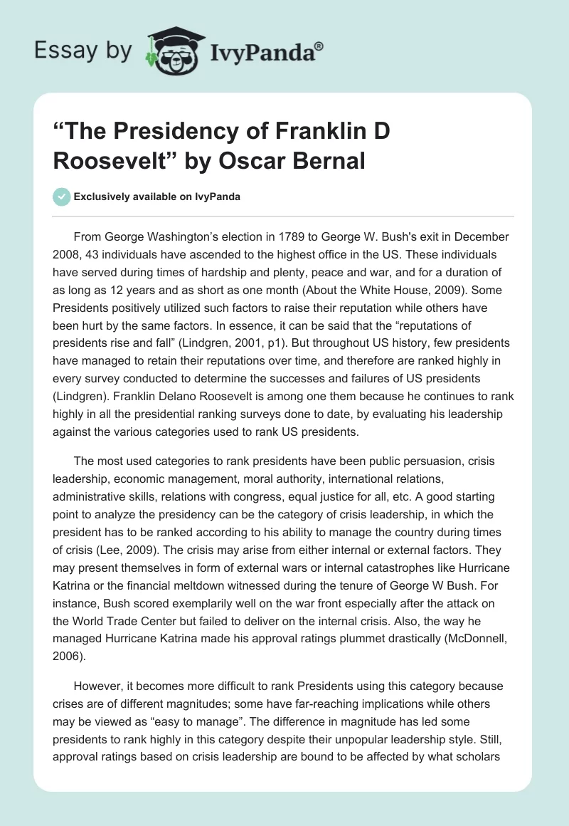 “The Presidency of Franklin D Roosevelt” by Oscar Bernal. Page 1
