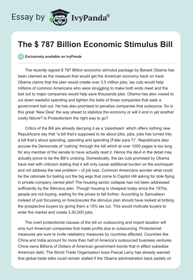 The $ 787 Billion Economic Stimulus Bill. Page 1