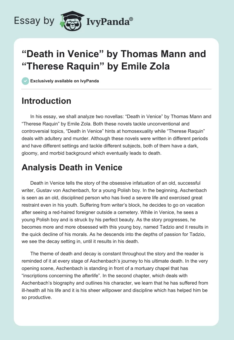 “Death in Venice” by Thomas Mann and “Therese Raquin” by Emile Zola. Page 1