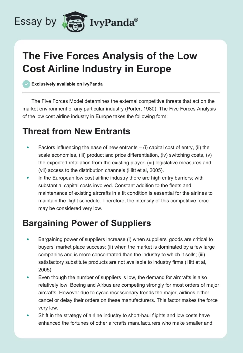 The Five Forces Analysis of the Low-Cost Airline Industry in Europe. Page 1