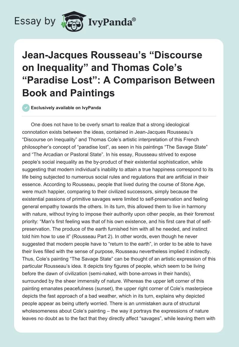 Jean-Jacques Rousseau’s “Discourse on Inequality” and Thomas Cole’s “Paradise Lost”: A Comparison Between Book and Paintings. Page 1