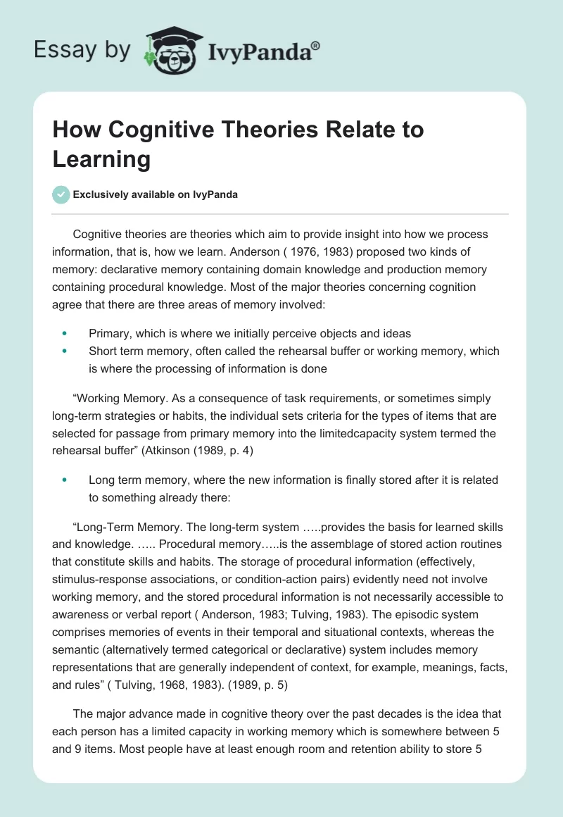 How Cognitive Theories Relate to Learning. Page 1