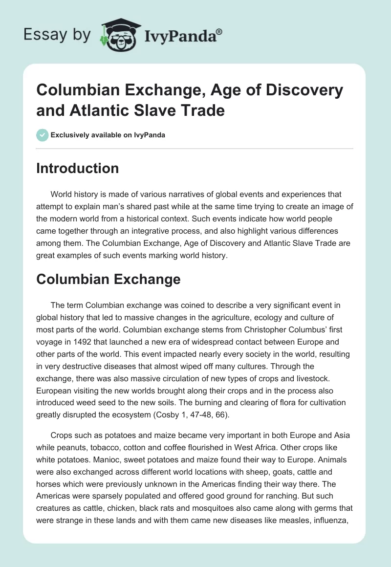 Columbian Exchange, Age of Discovery and Atlantic Slave Trade. Page 1