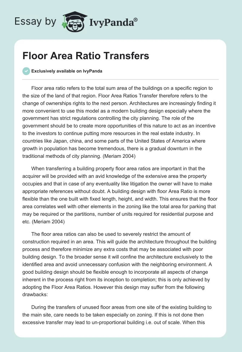 Floor Area Ratio Transfers - 1462 Words | Research Paper Example