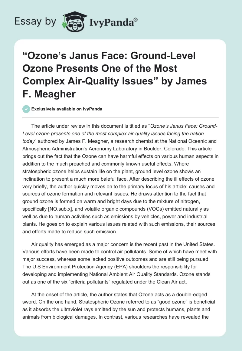 “Ozone’s Janus Face: Ground-Level Ozone Presents One of the Most Complex Air-Quality Issues” by James F. Meagher. Page 1