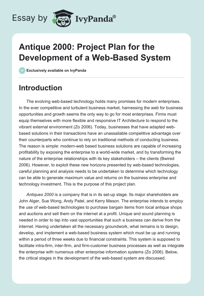 Antique 2000: Project Plan for the Development of a Web-Based System. Page 1