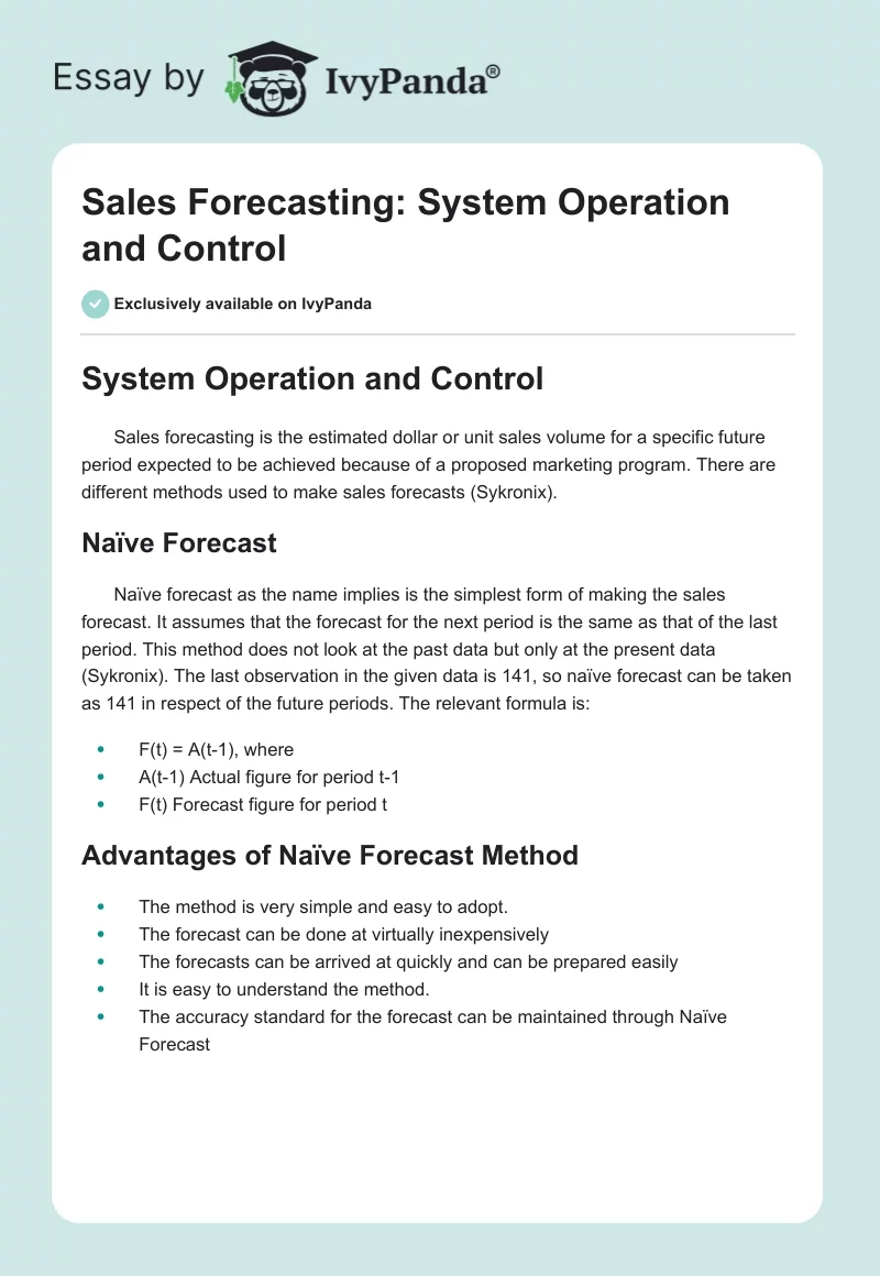 Sales Forecasting: System Operation and Control. Page 1