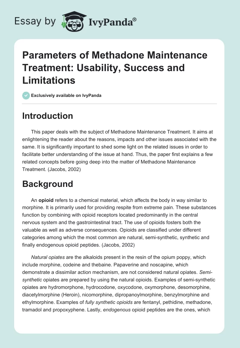Parameters of Methadone Maintenance Treatment: Usability, Success and Limitations. Page 1