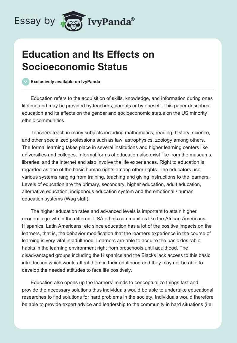 Education and Its Effects on Socioeconomic Status. Page 1