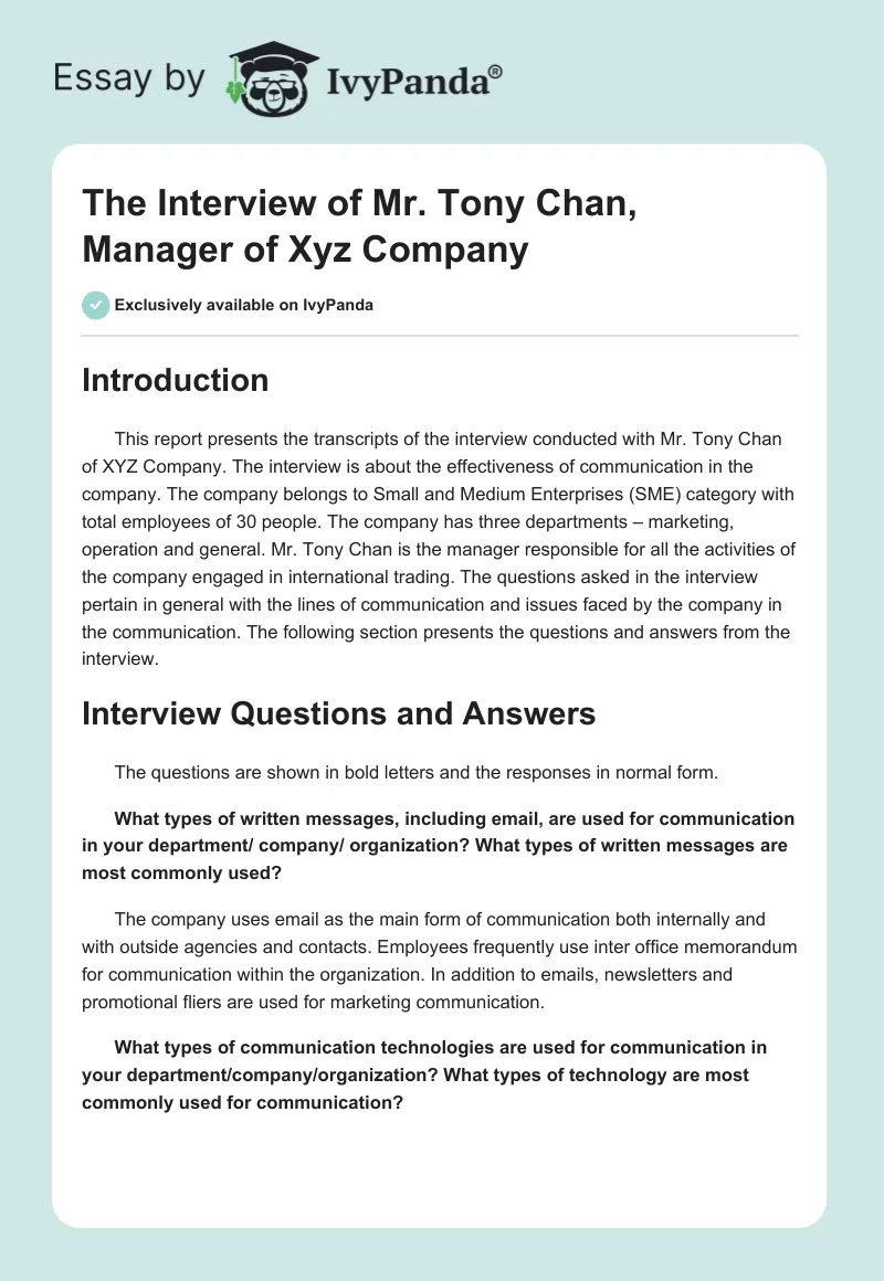 The Interview of Mr. Tony Chan, Manager of Xyz Company. Page 1