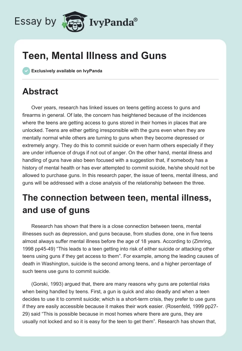 Teen, Mental Illness and Guns. Page 1