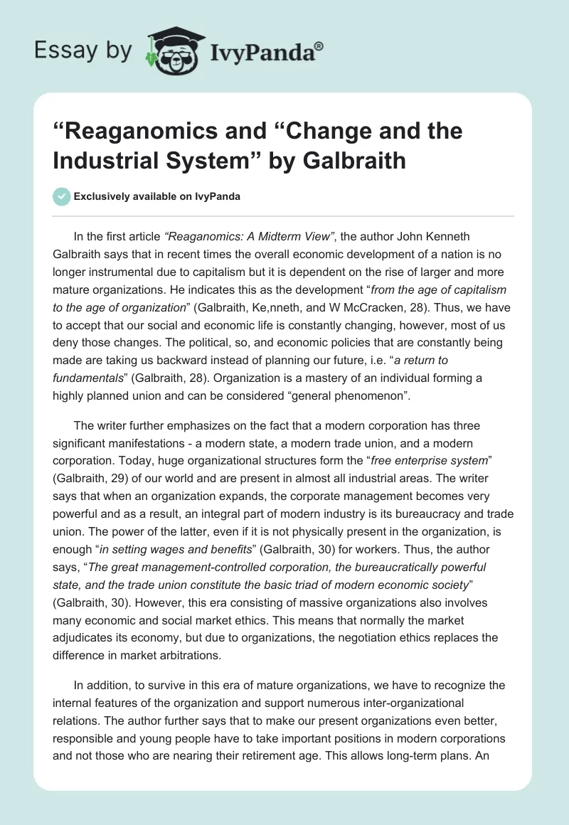 “Reaganomics" and “Change and the Industrial System” by Galbraith. Page 1
