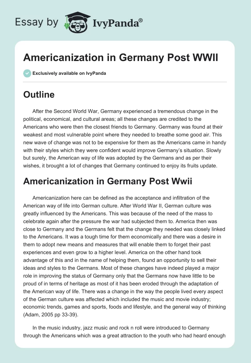 Americanization in Germany Post WWII. Page 1