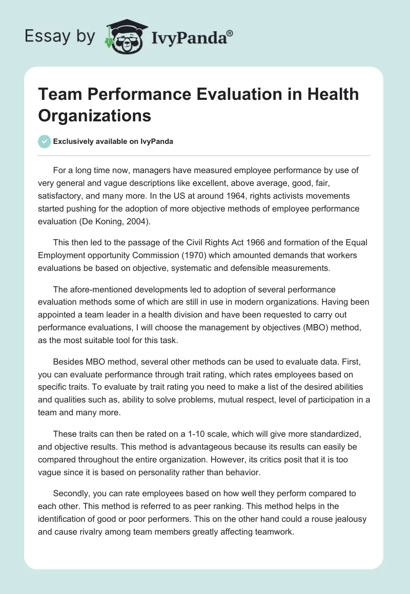 Team Performance Evaluation in Health Organizations. Page 1