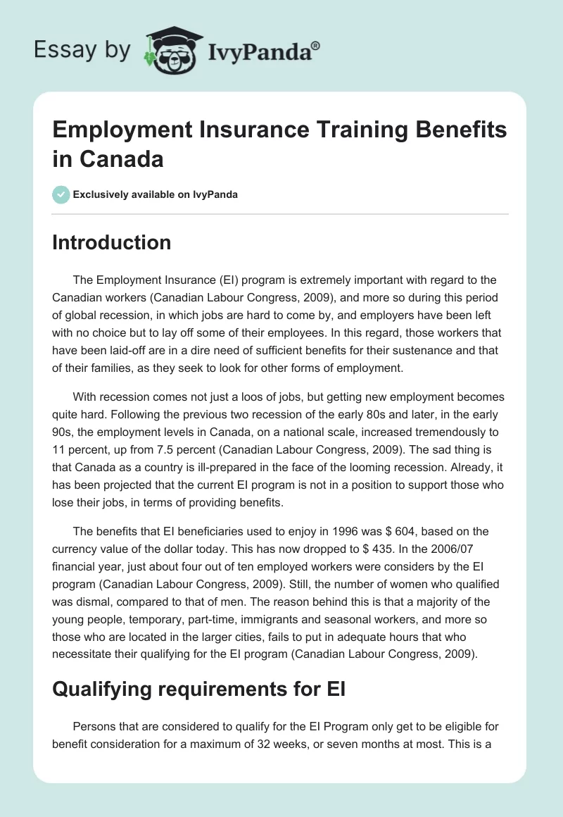 Employment Insurance Training Benefits in Canada. Page 1