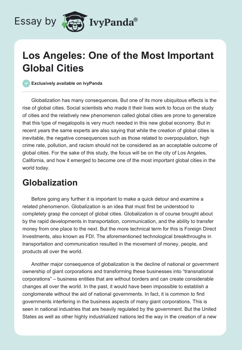 Los Angeles: One of the Most Important Global Cities. Page 1