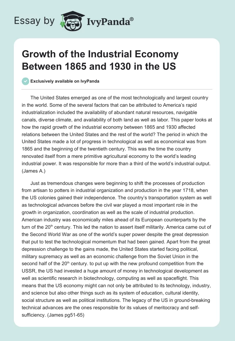 Growth of the Industrial Economy Between 1865 and 1930 in the US. Page 1