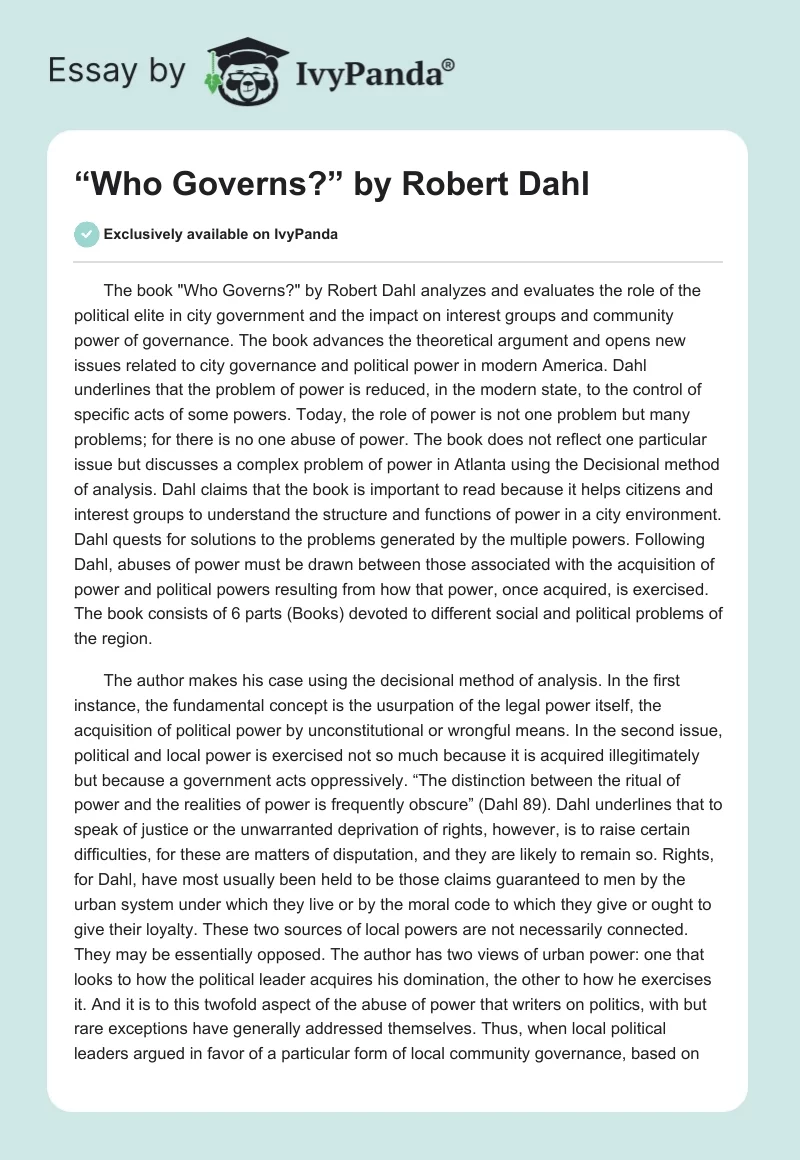 “Who Governs?” by Robert Dahl. Page 1