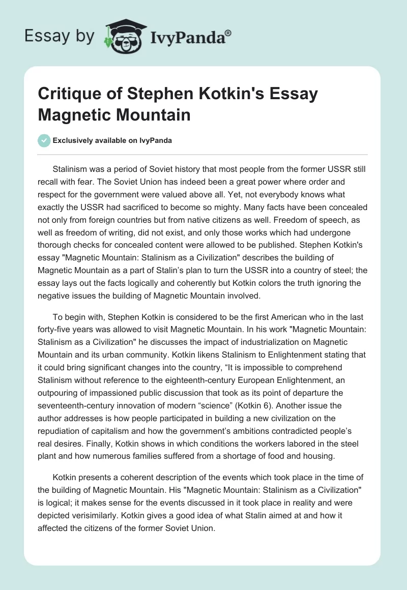 Critique of Stephen Kotkin's Essay "Magnetic Mountain". Page 1