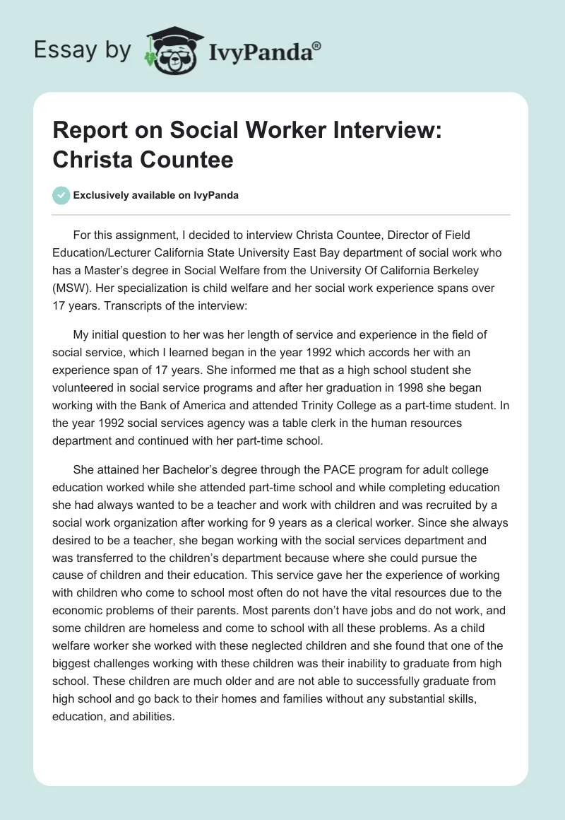 Report on Social Worker Interview: Christa Countee. Page 1
