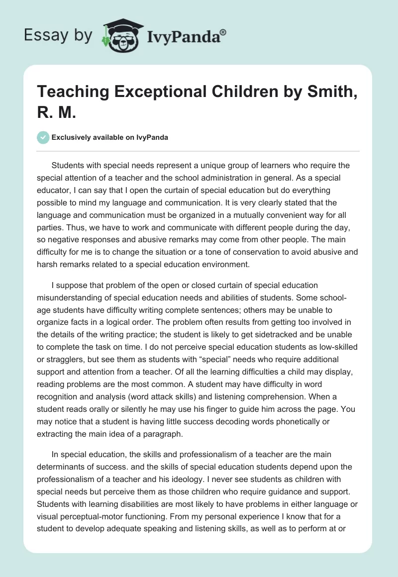 "Teaching Exceptional Children" by Smith, R. M.. Page 1
