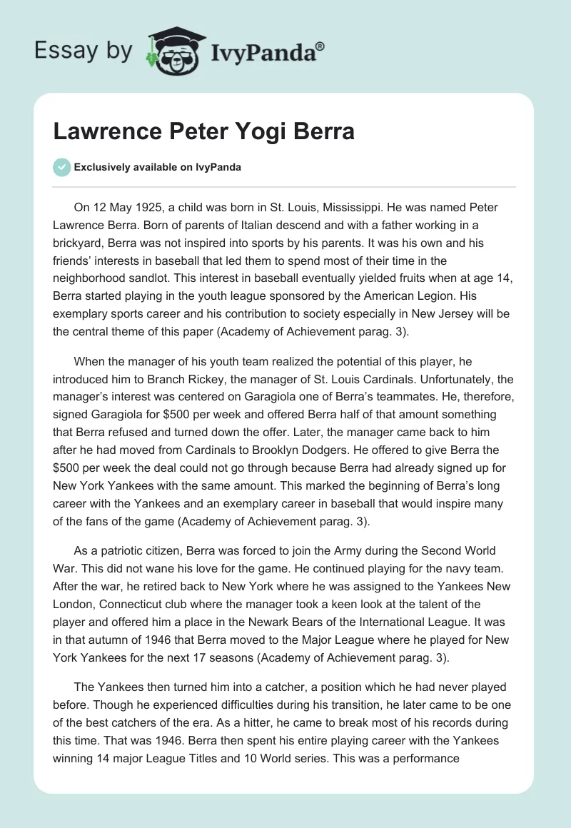 Lawrence Peter "Yogi" Berra. Page 1