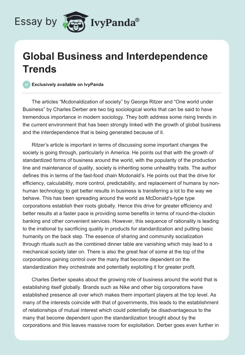 Global Business and Interdependence Trends. Page 1