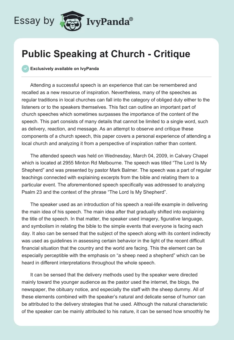 Public Speaking at Church - Critique. Page 1