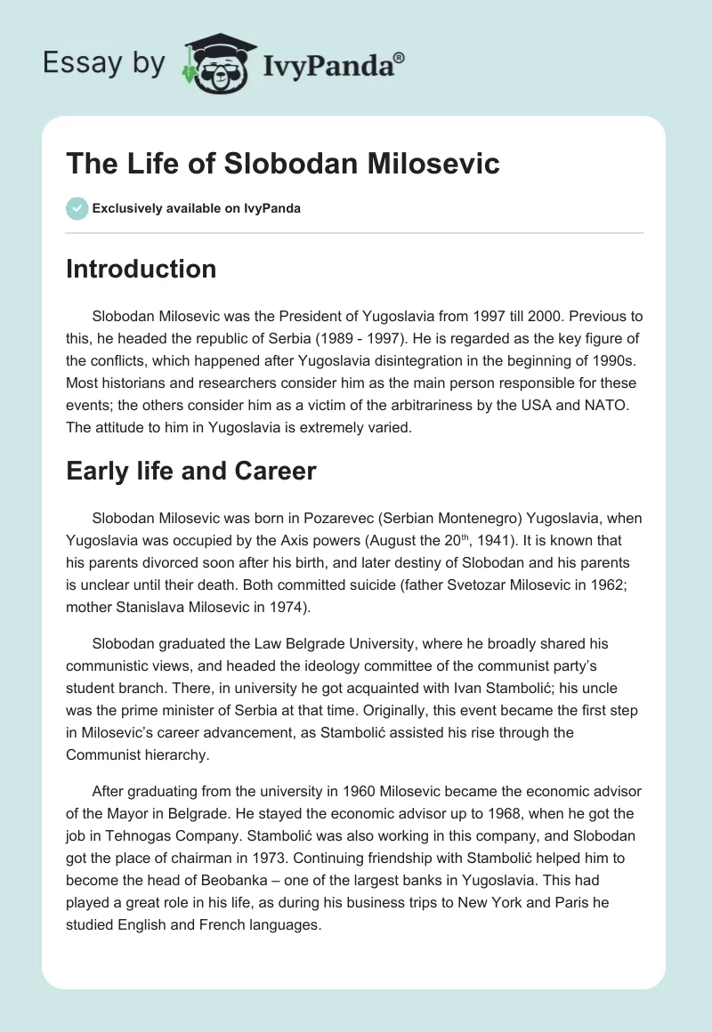 The Life of Slobodan Milosevic. Page 1