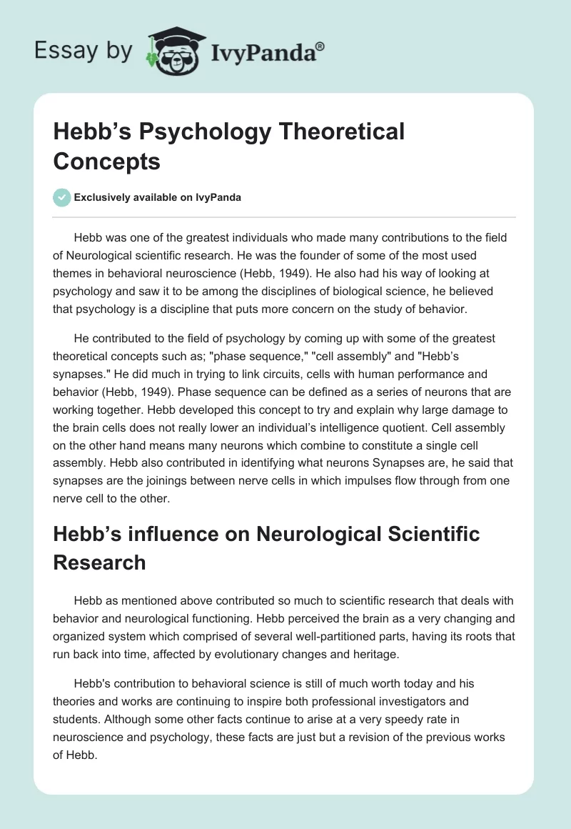 Hebb’s Psychology Theoretical Concepts. Page 1