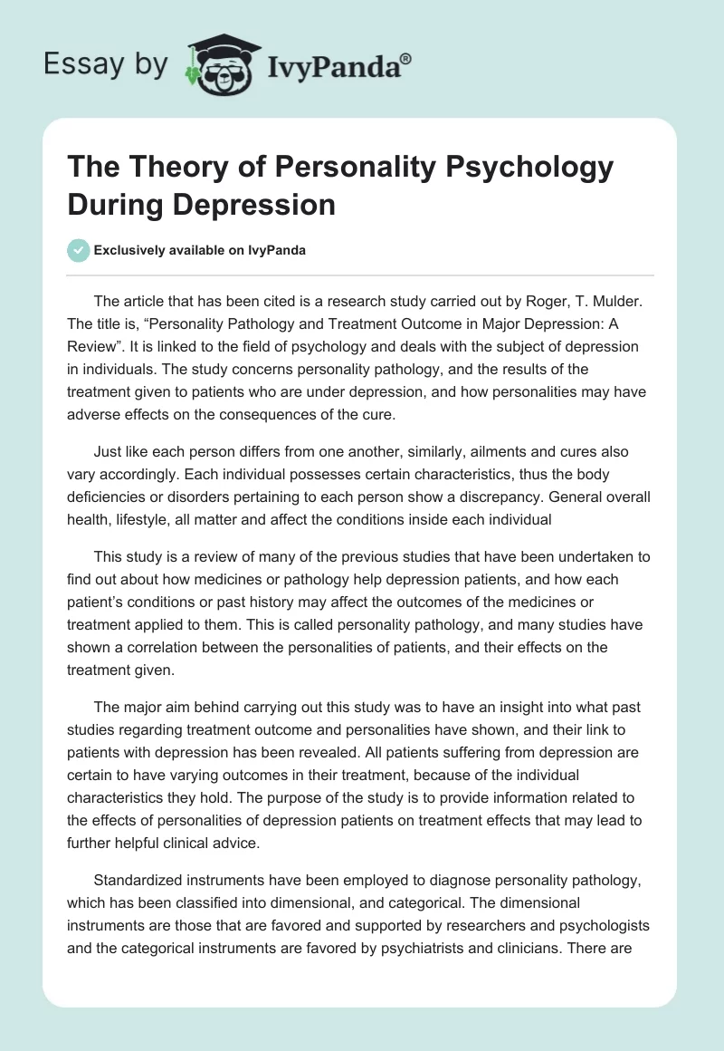 The Theory of Personality Psychology During Depression. Page 1