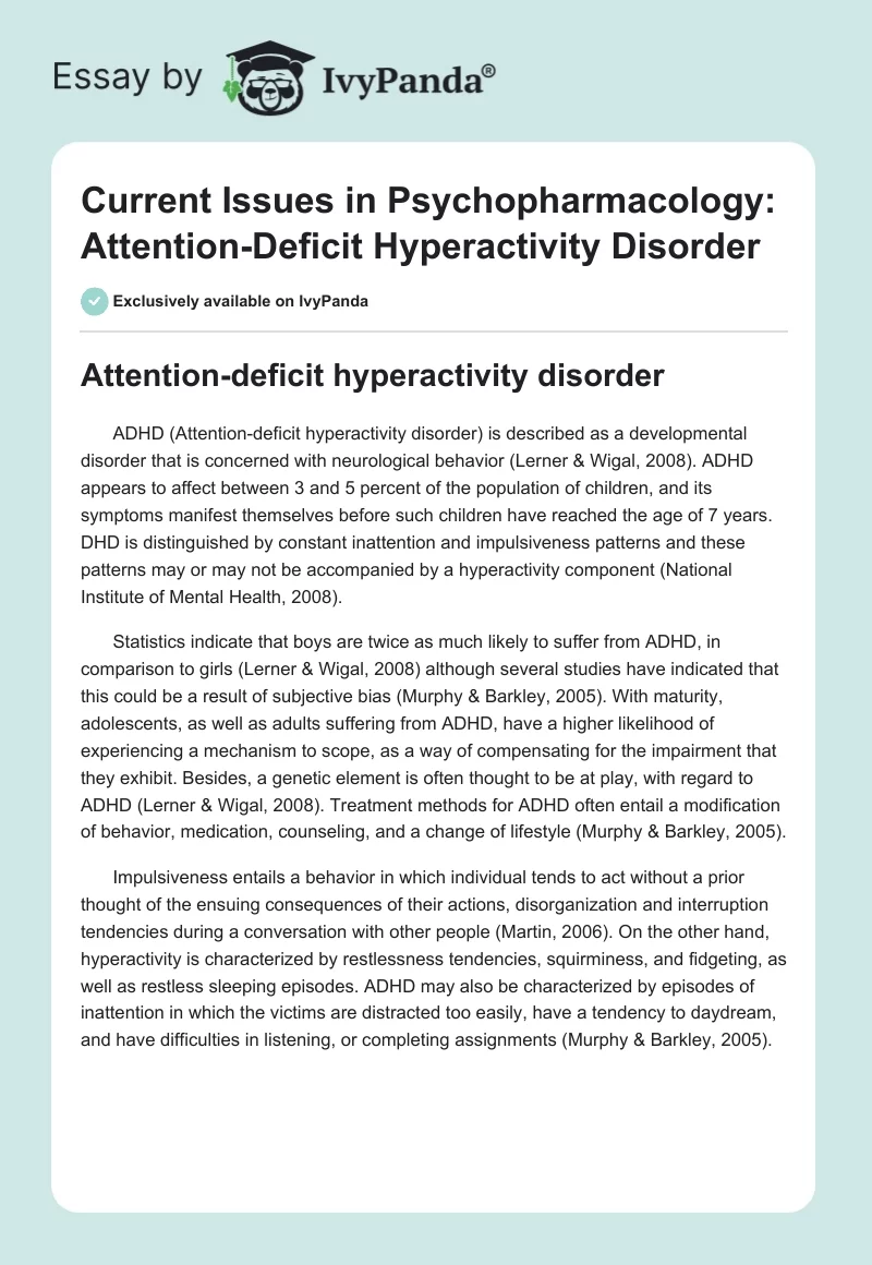 Current Issues in Psychopharmacology: Attention-Deficit Hyperactivity Disorder. Page 1