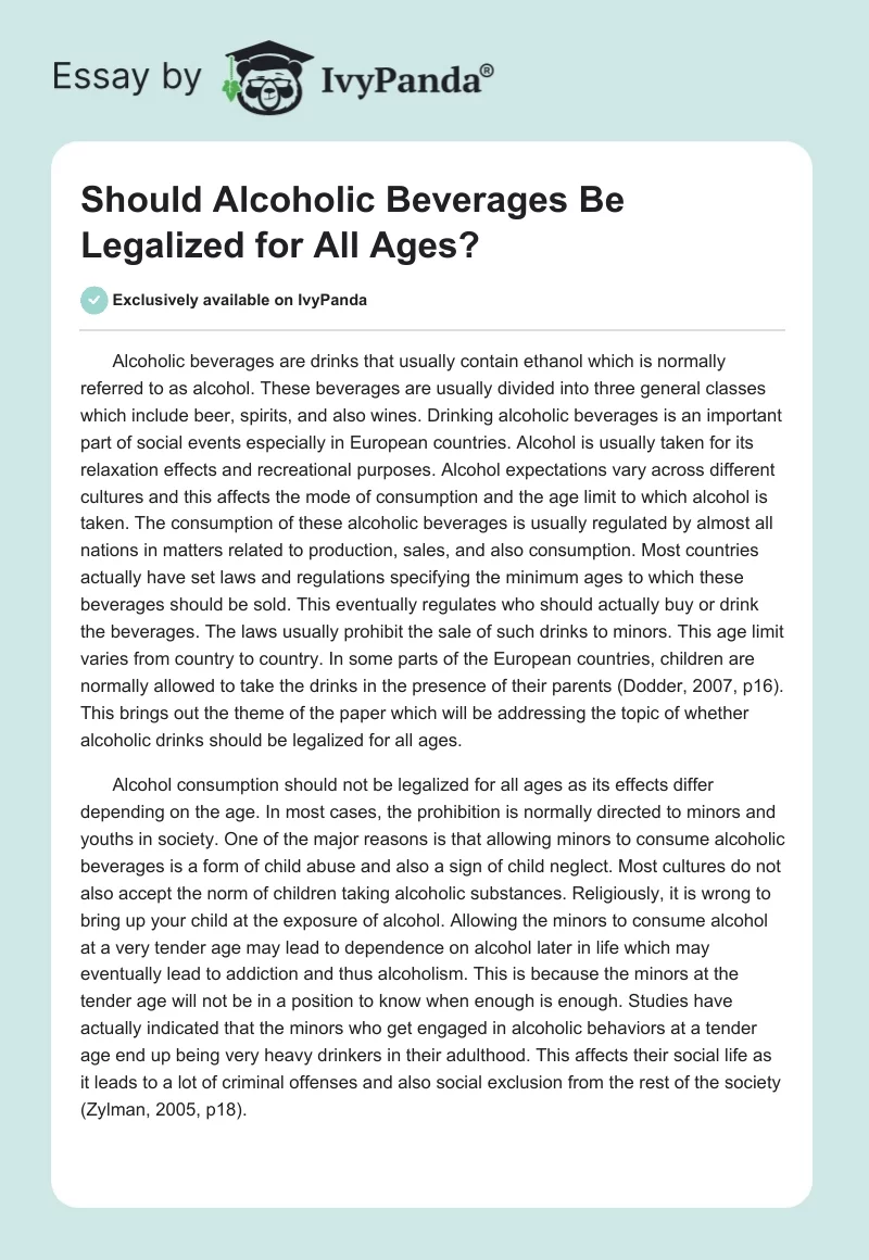Should Alcoholic Beverages Be Legalized for All Ages?. Page 1