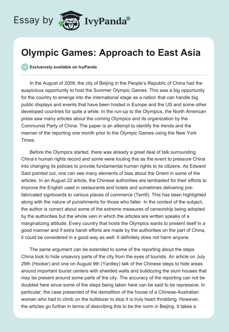 Olympic Games: Approach to East Asia. Page 1