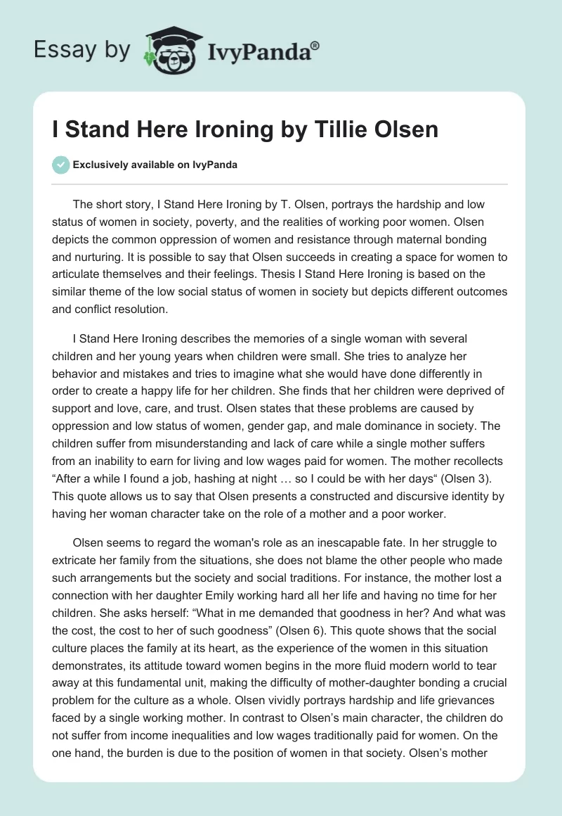 "I Stand Here Ironing" by Tillie Olsen. Page 1
