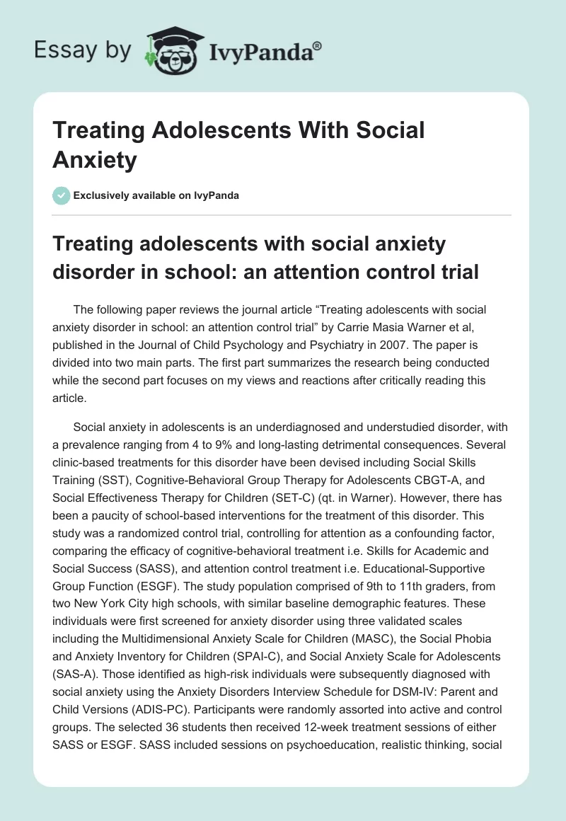 Treating Adolescents With Social Anxiety. Page 1