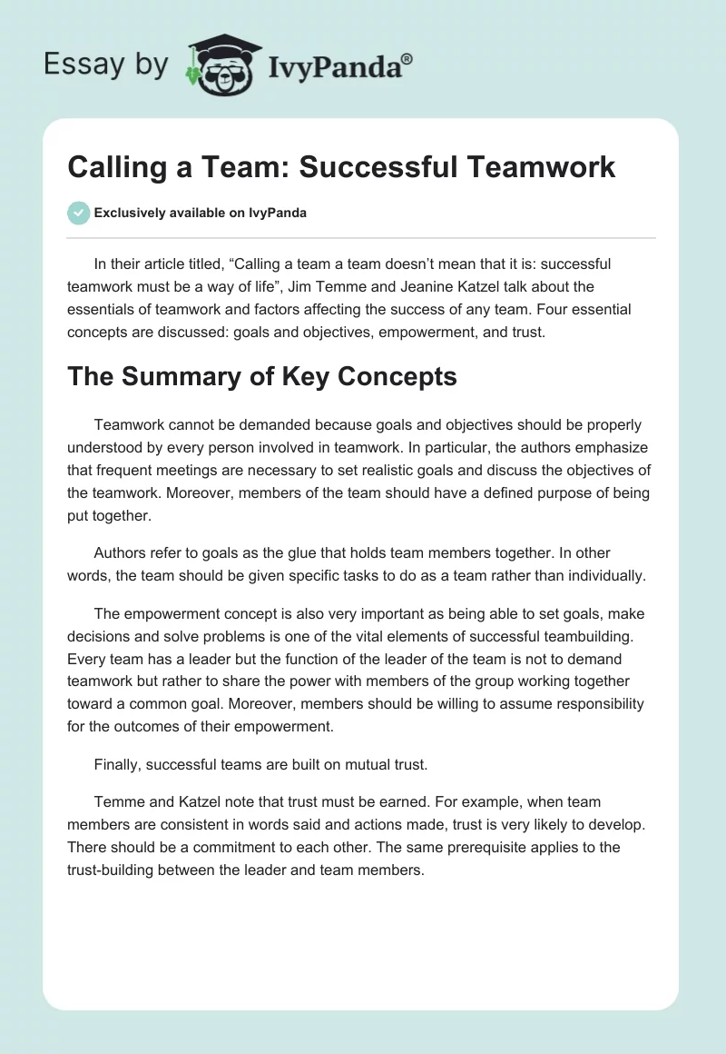 Calling a Team: Successful Teamwork. Page 1