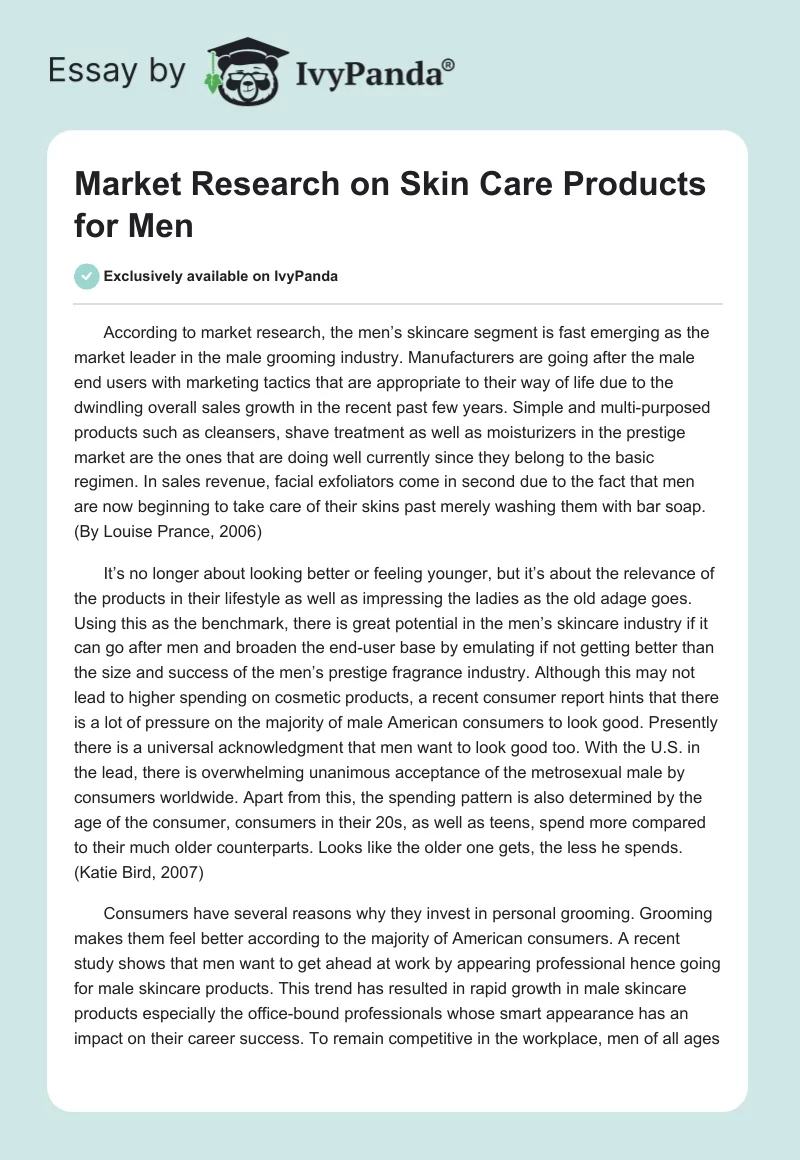 Market Research on Skin Care Products for Men. Page 1