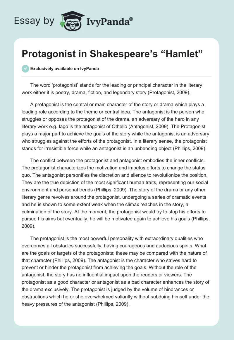 Protagonist in Shakespeare’s “Hamlet”. Page 1