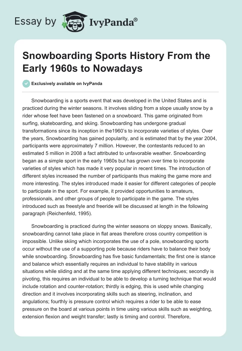 Snowboarding Sports History From the Early 1960s to Nowadays. Page 1
