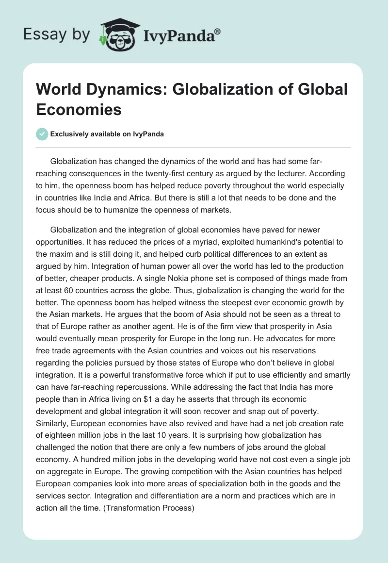 World Dynamics: Globalization of Global Economies. Page 1
