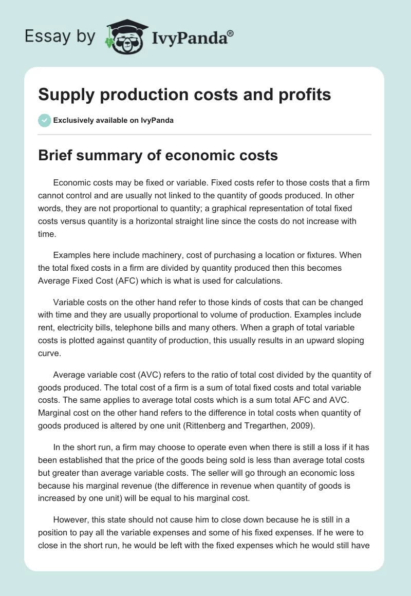 Supply production costs and profits. Page 1