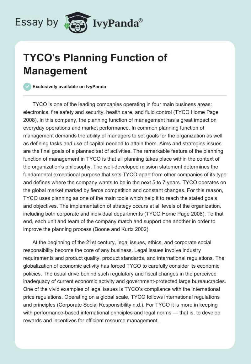TYCO's Planning Function of Management. Page 1