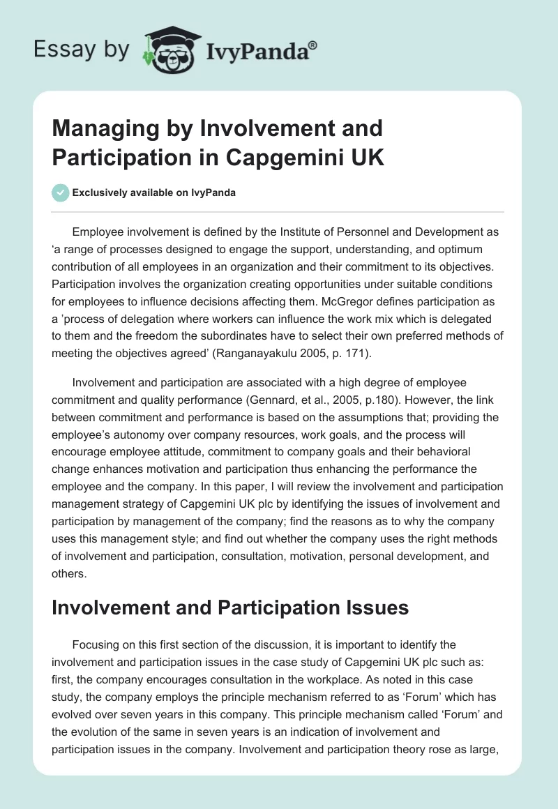 Managing by Involvement and Participation in Capgemini UK. Page 1