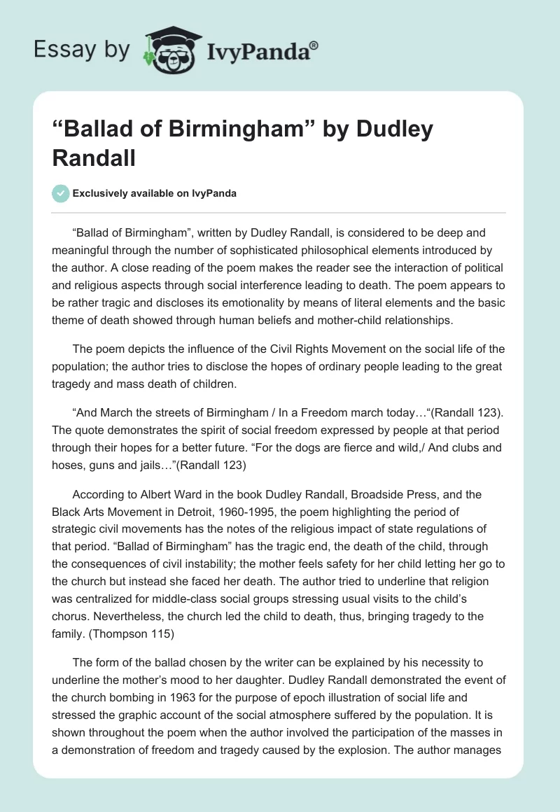 “Ballad of Birmingham” by Dudley Randall. Page 1